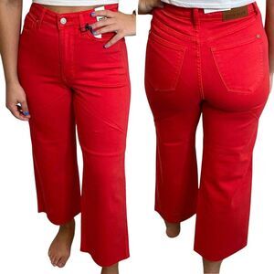 Wide Leg Tummy Control Judy Blue Crop Jeans Garment Dyed Red 16W